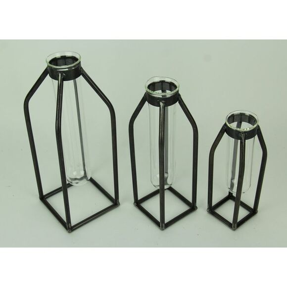 Modern Art Glass Tube Bud Vase with Metal Cage Frame Set of 3 - Picture 2 of 3